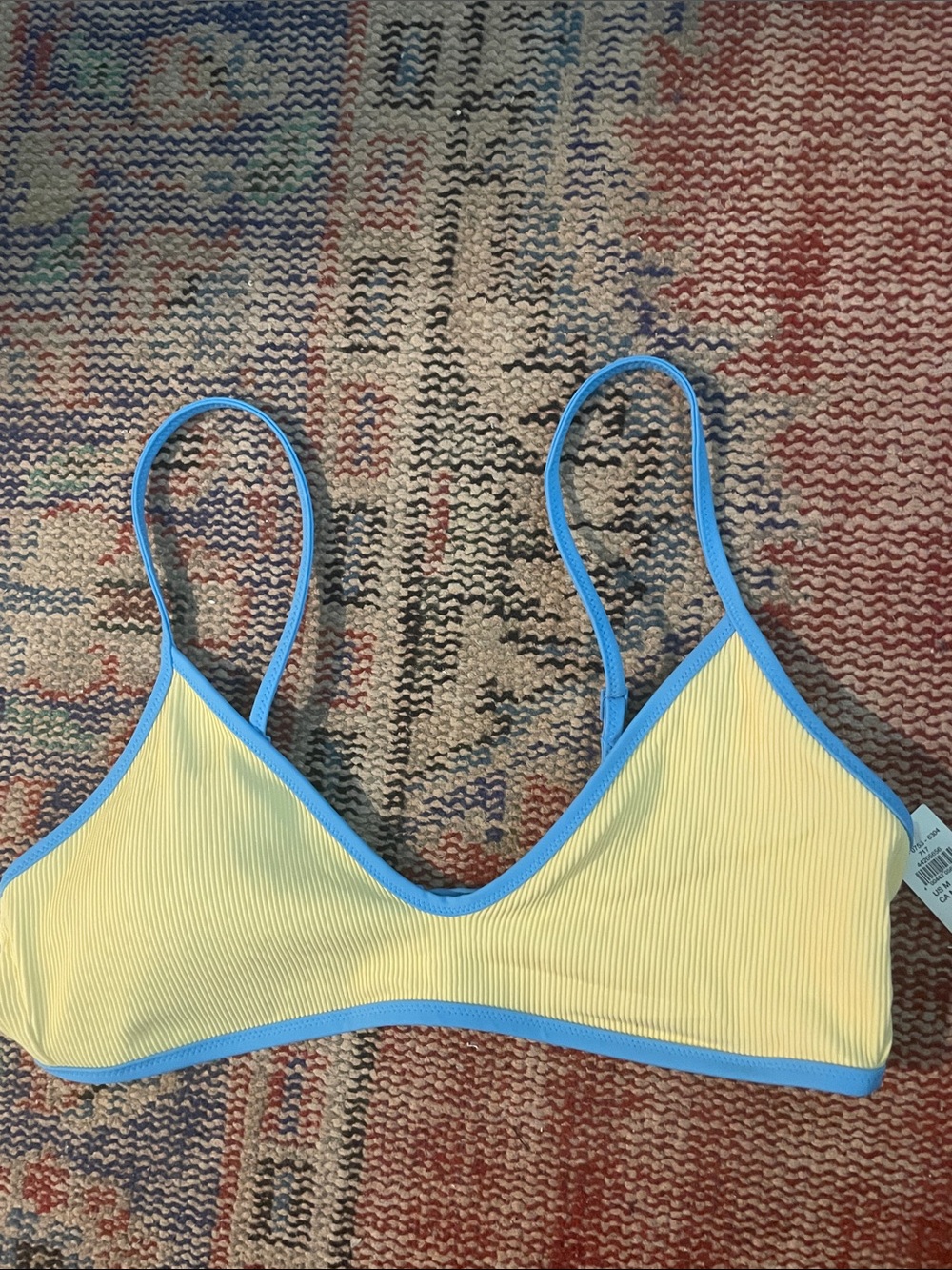Yellow Ribbed Bikini Top with Blue Trim